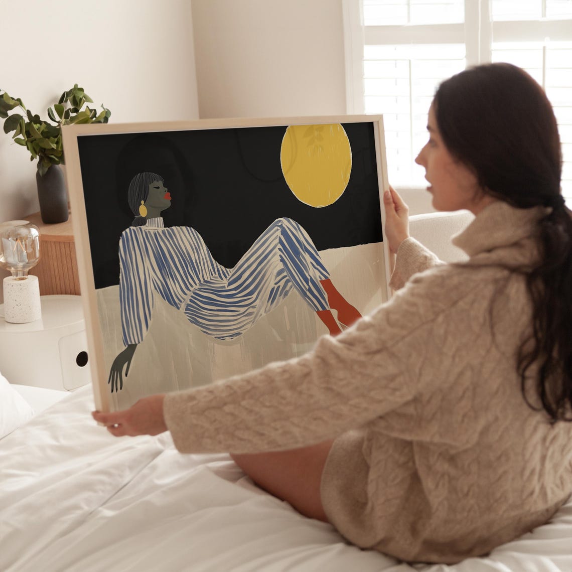 Bold Modern Woman Art Print Abstract Blue And White Striped Outfit Minimalist Yellow Moon Contemporary Fashion Inspired Artwork - Image 4