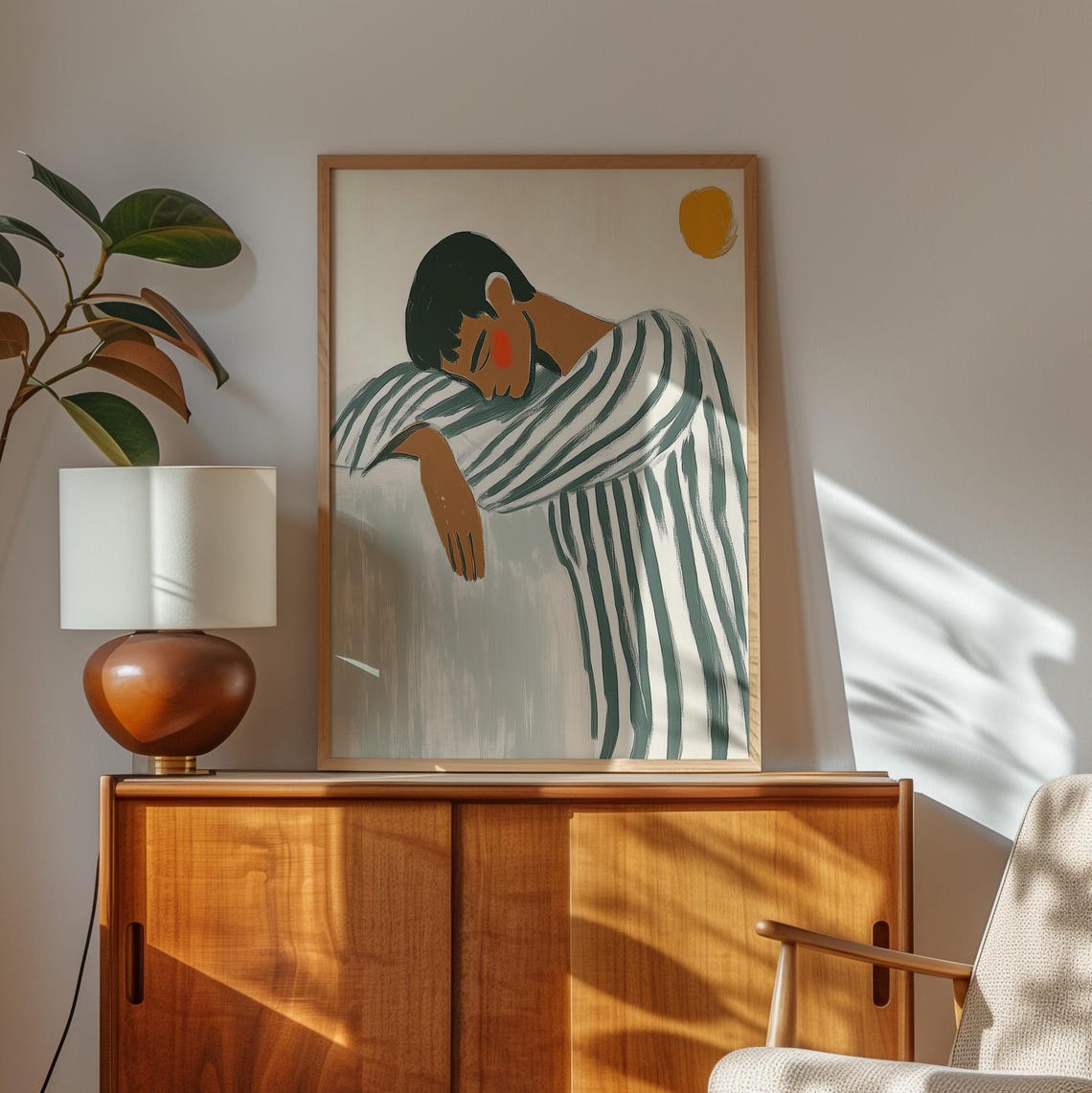 Sleeping Figure in Green Gray Stripes Under Orange Sun Poster - Image 3