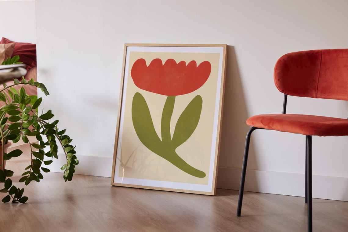 Red Tulip Minimalist Botanical Flower Illustration Abstract Art Poster