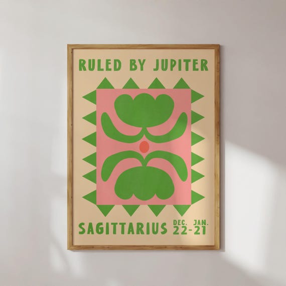 Sagittarius Flower Poster Astrology Retro Wall Art Colorful Maximalist Zodiac Sign Print Scandi Sun Sign Gift Pink Green Home Decor