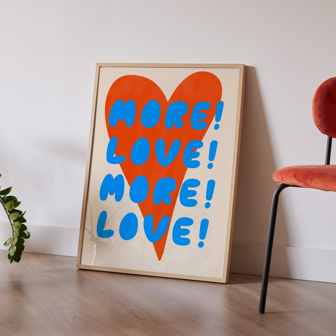More Love More Love Bold Blue Orange Heart Typography Quote Poster