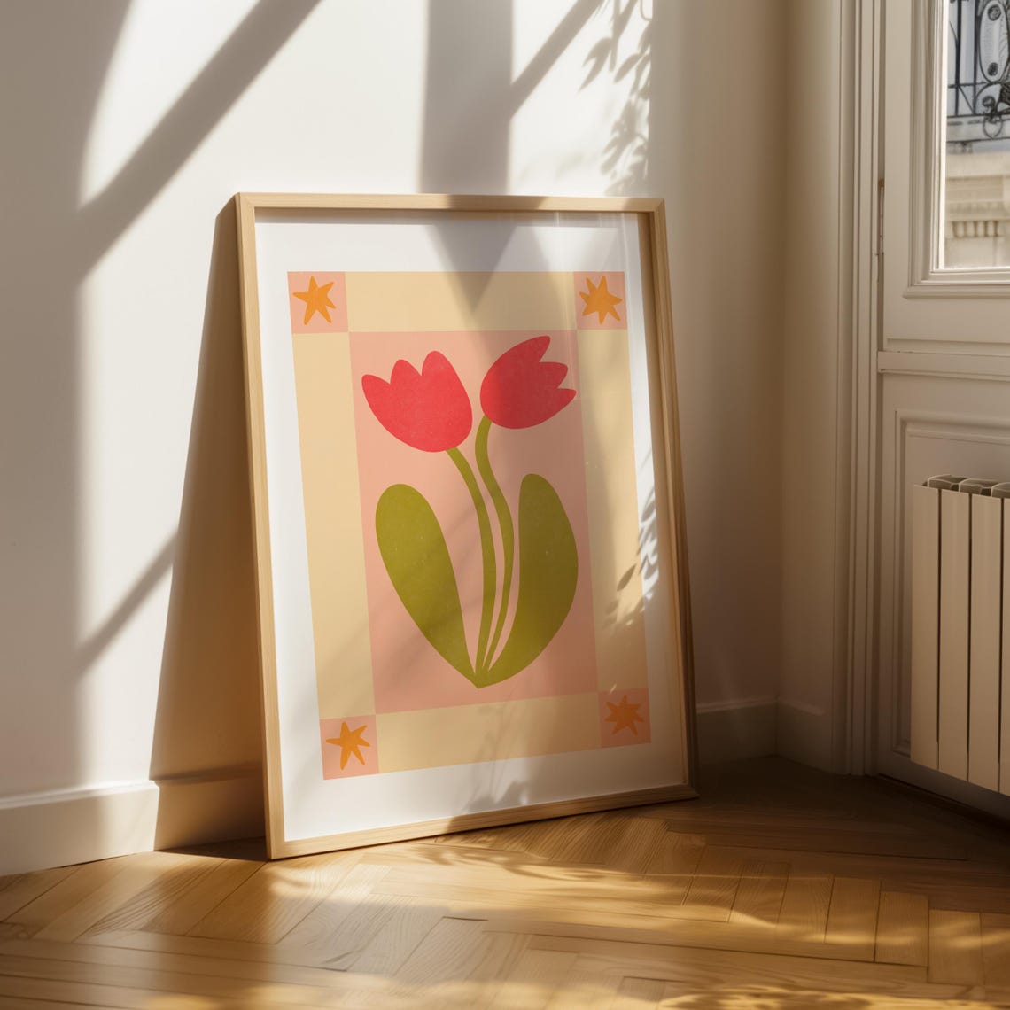 Red Tulips Star Border Scandinavian Folk Botanical Art Poster - Image 2