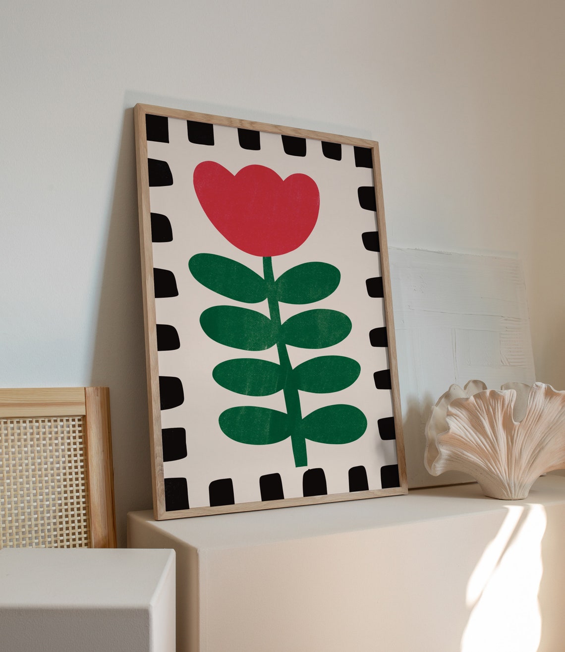 Red Heart Flower Maximalist Retro Border Botanical Art Poster