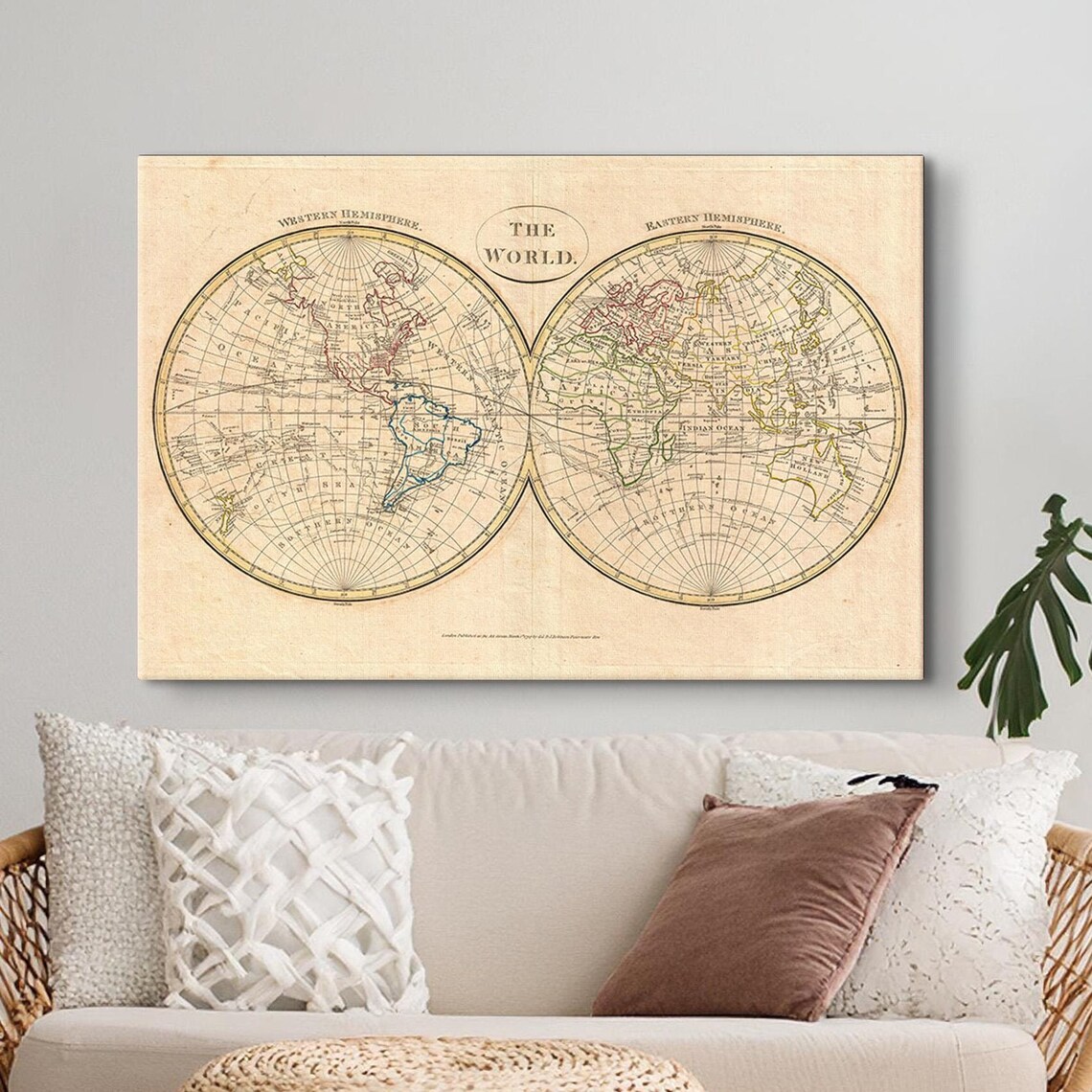 Antique Double Hemisphere World Map Western Eastern Vintage Poster