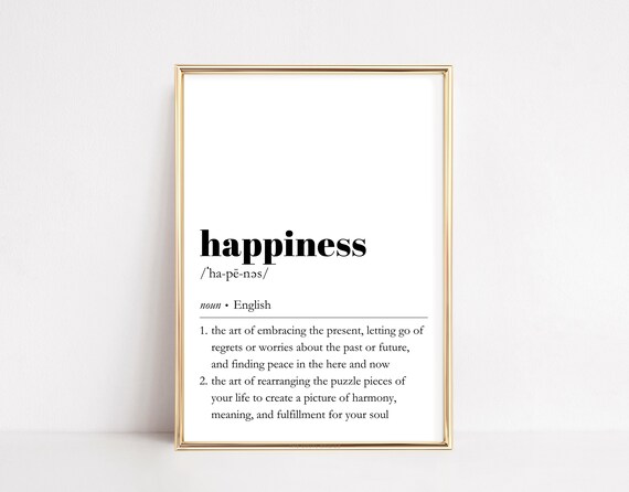 Happiness Definition Print Dictionary Poster Mindset Therapy Office Quote Art Positive Wall Decor Minimalist Typography