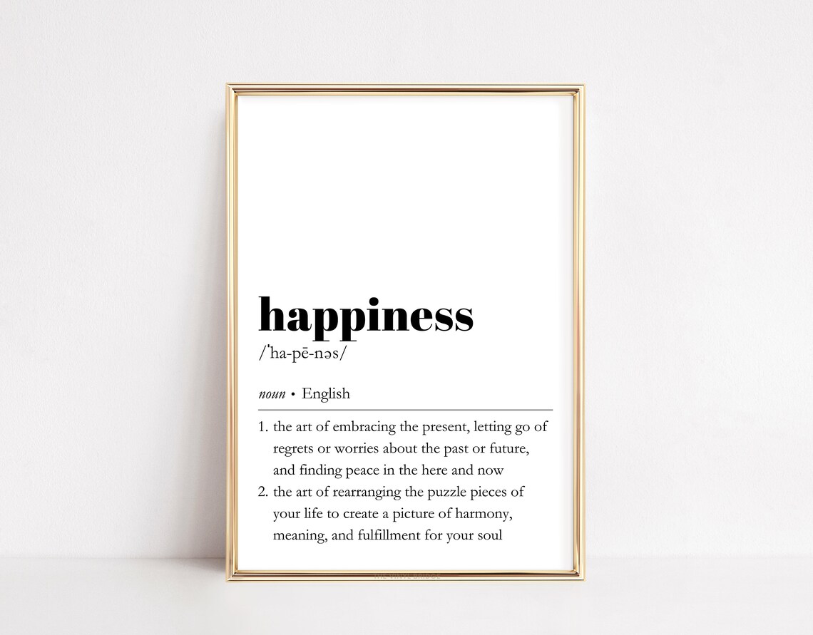 Happiness Definition Print Dictionary Poster Mindset Therapy Office Quote Art Positive Wall Decor Minimalist Typography