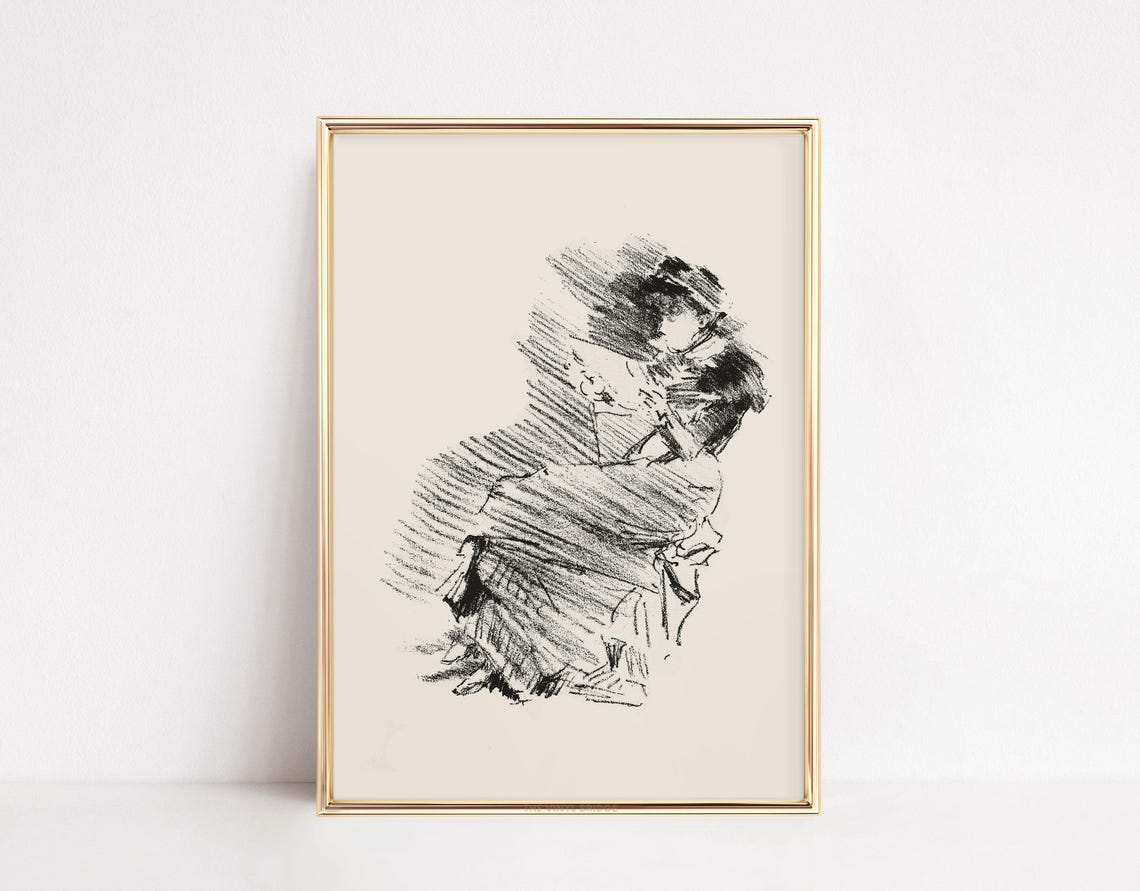 Elegant Woman Reading Book Charcoal Sketch Vintage Art Poster