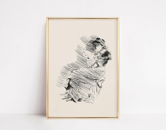 Elegant Woman Reading Book Charcoal Sketch Vintage Art Poster