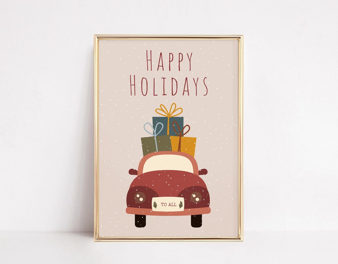 Happy Holidays Red Car Christmas Gifts Cute Snowy Wall Poster
