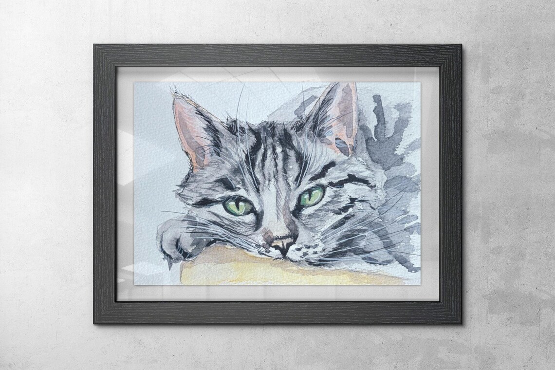 Gray Tabby Cat Watercolor Poster Green Eyes Original Artwork - Image 2