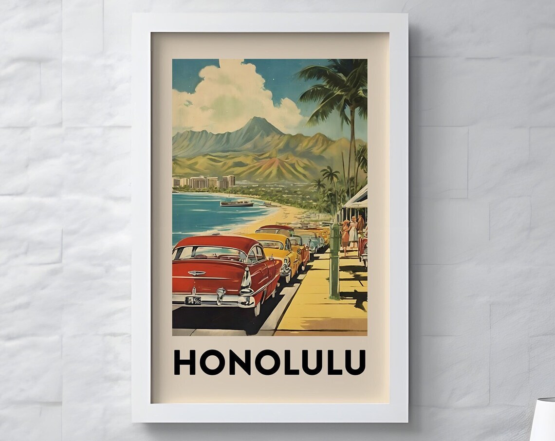 Honolulu Hawaii Vintage Travel Poster, Beach Print
