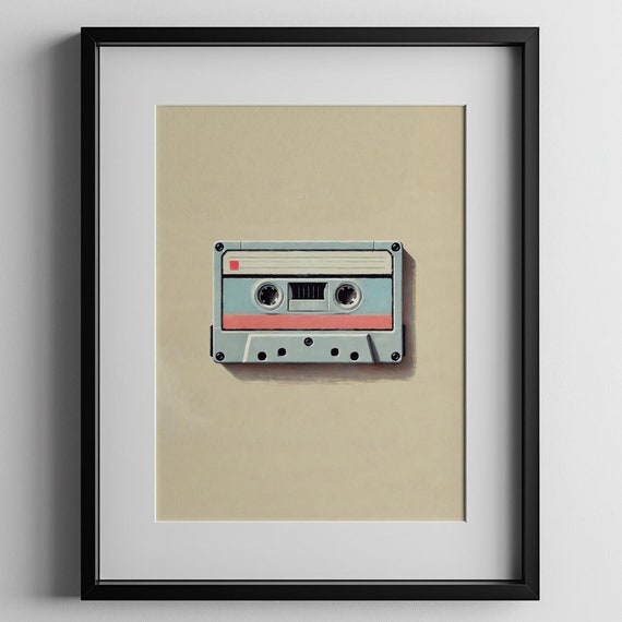 Retro Cassette Tape Print Vintage Poster Minimalist Wall Art Bar Cart Decor Hand Drawn Nostalgia Music Lover Painting