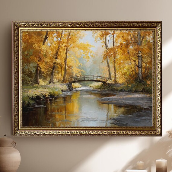 Golden Autumn Forest Bridge Over Stream Landscape Painting Poster
