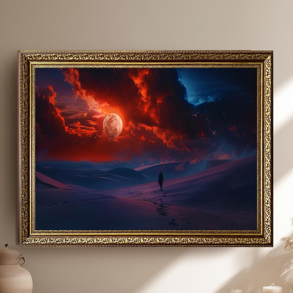 Surreal Desert Moon Night Sky Poster, Red Clouds Fantasy Landscape