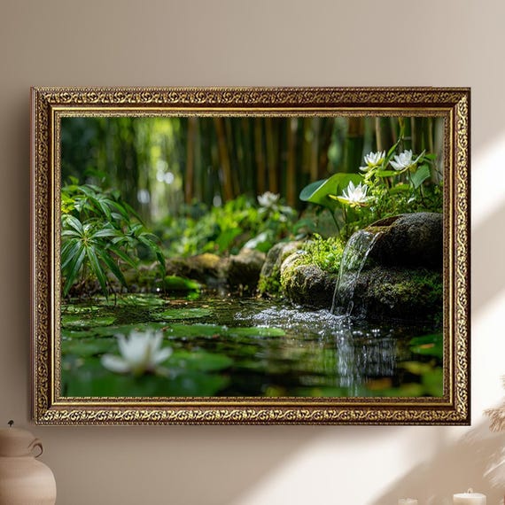 Zen Water Garden Canvas Wall Art With Lily Flowers And Bamboo Peaceful Japanese Pond Print For Meditation Room Or Spa Style Home Decor