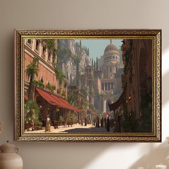 Ancient City Street Market Wall Art Canvas Print Roman Inspired Architecture Painting Classical Mediterranean Scene Artwork For Home