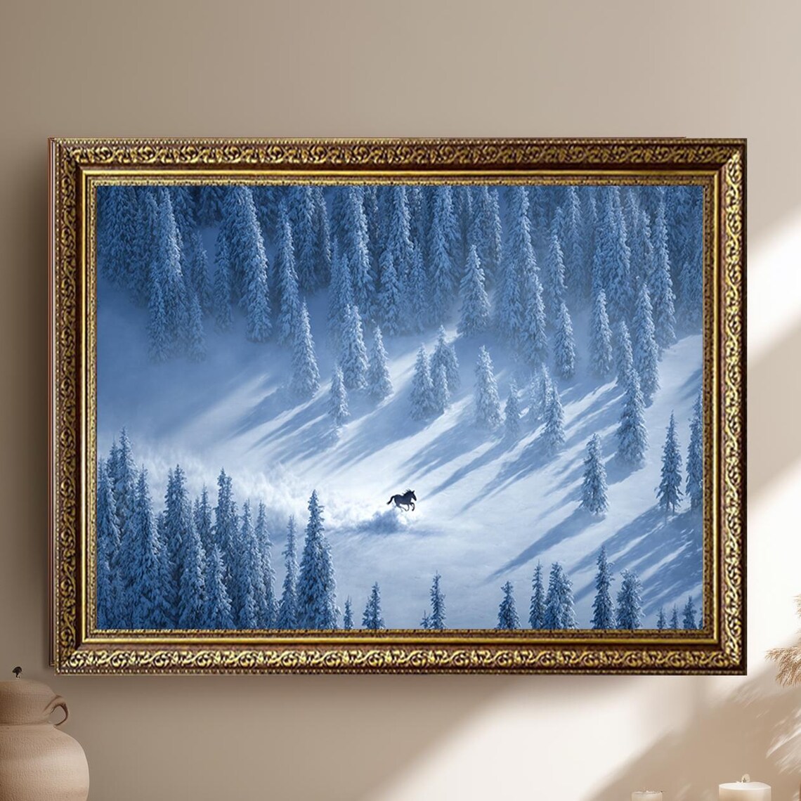Lone Black Horse Galloping Through Snowy Winter Pine Forest Poster