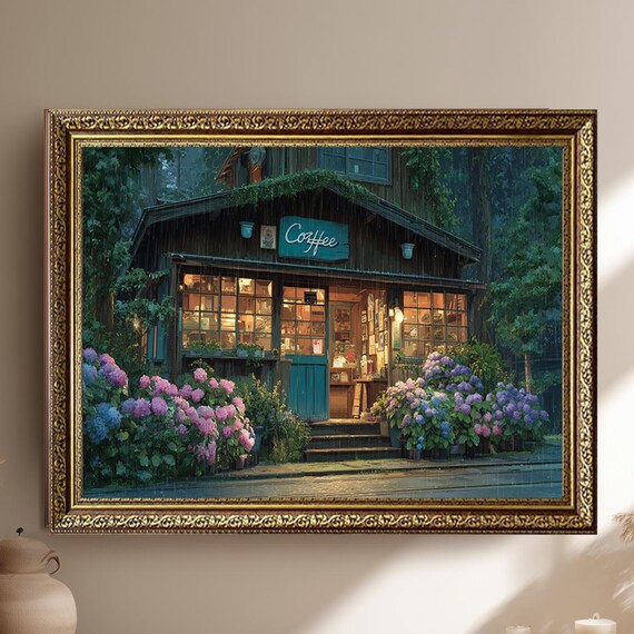 Rainy Evening Coffee Shop Hydrangeas Warm Lights Cozy Wall Art
