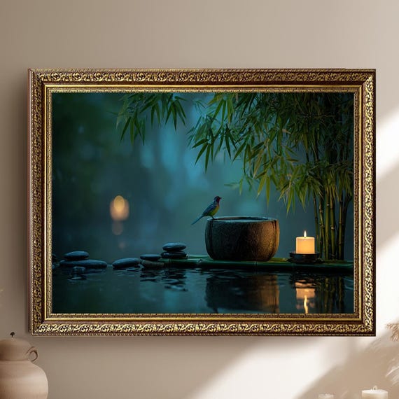 Zen Candlelight Bamboo Canvas Wall Art With Bird And Stones Peaceful Spa Inspired Nature Print For Meditation Room Or Tranquil Home Decor