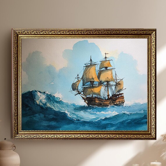 Vintage Tall Ship Sailing Through Rolling Blue Waves Nautical Poster