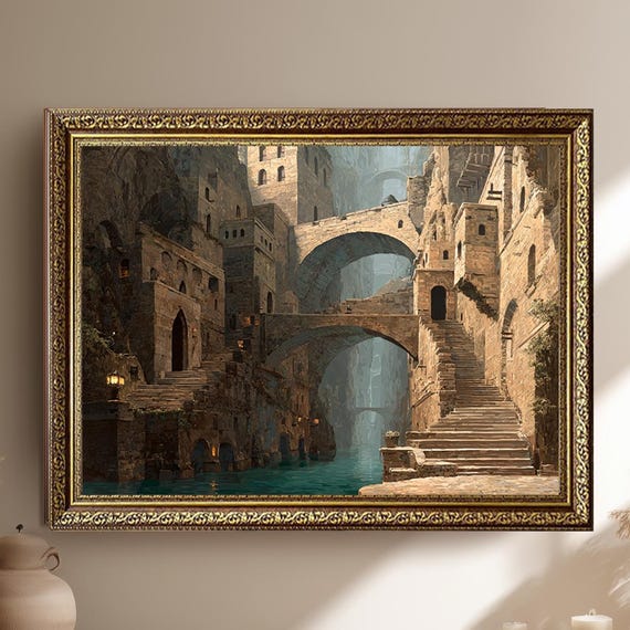 Medieval Fantasy City Wall Art Canvas Print Gothic Architecture Landscape Painting Stone Bridge And Water Canal Artwork For Home Decor