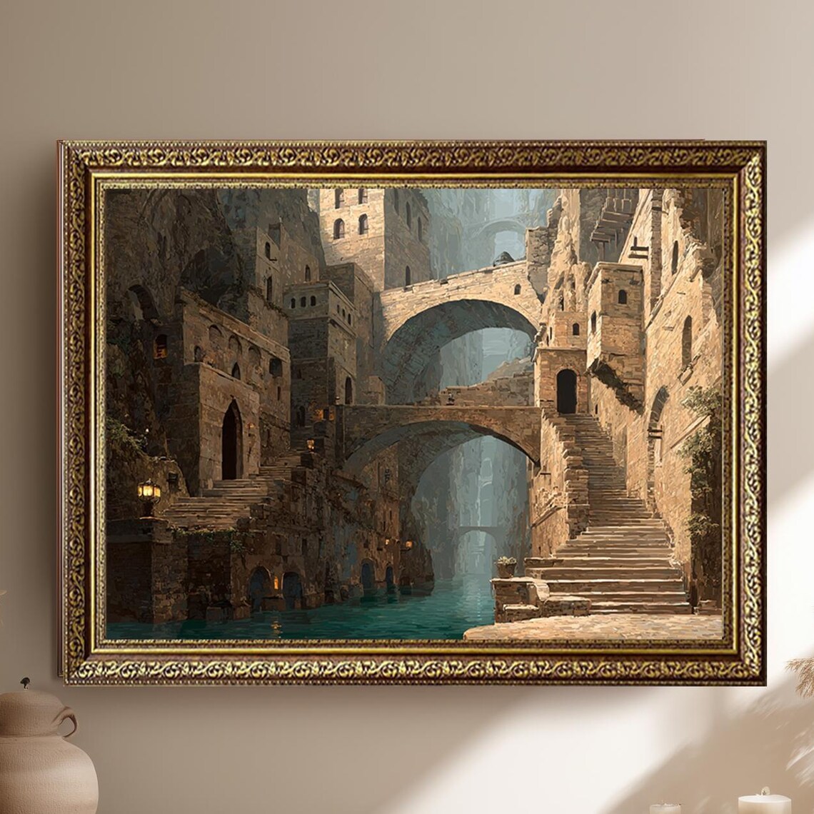 Medieval Fantasy City Stone Bridges Misty Canal Gothic Art Poster
