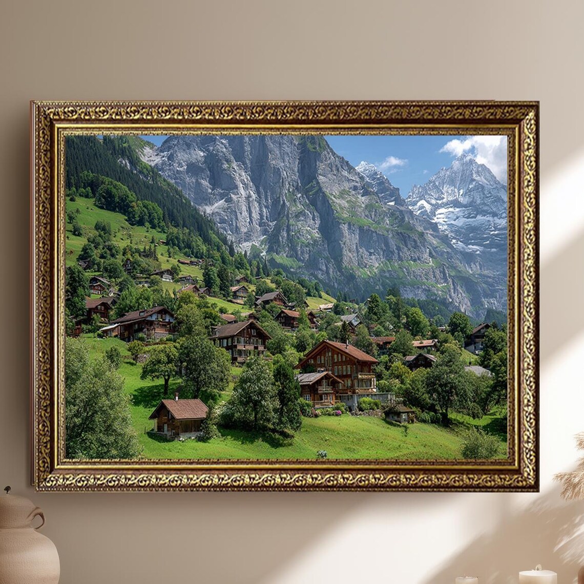 Swiss Alps Village Chalets Snow Peaks Green Valley Photo Poster