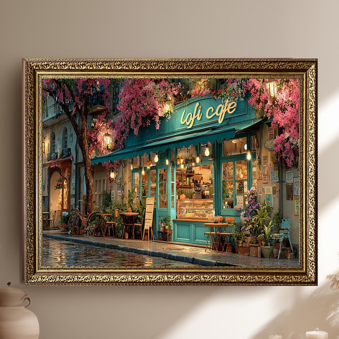 Lofi Cafe Teal Storefront Pink Blossom European Street Scene Poster