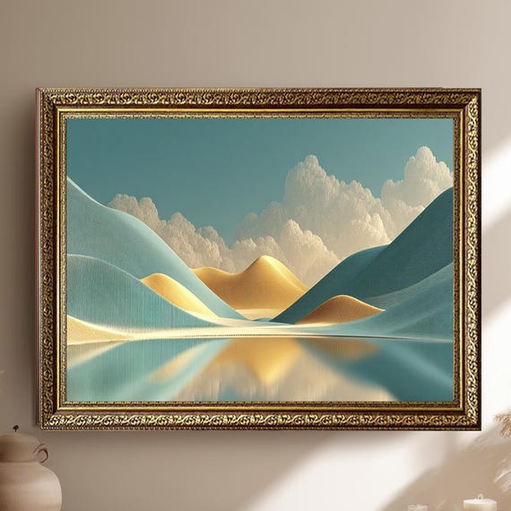 Abstract Desert Landscape Canvas Wall Art With Golden Sand Dunes And Blue Mountains Modern Minimalist Painting Print For Home Decor