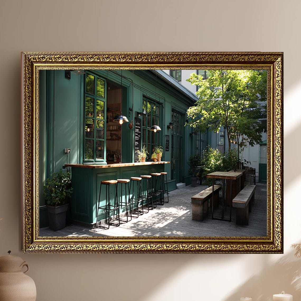 Green Facade Urban Courtyard Cafe Bar With Stools Scene Poster