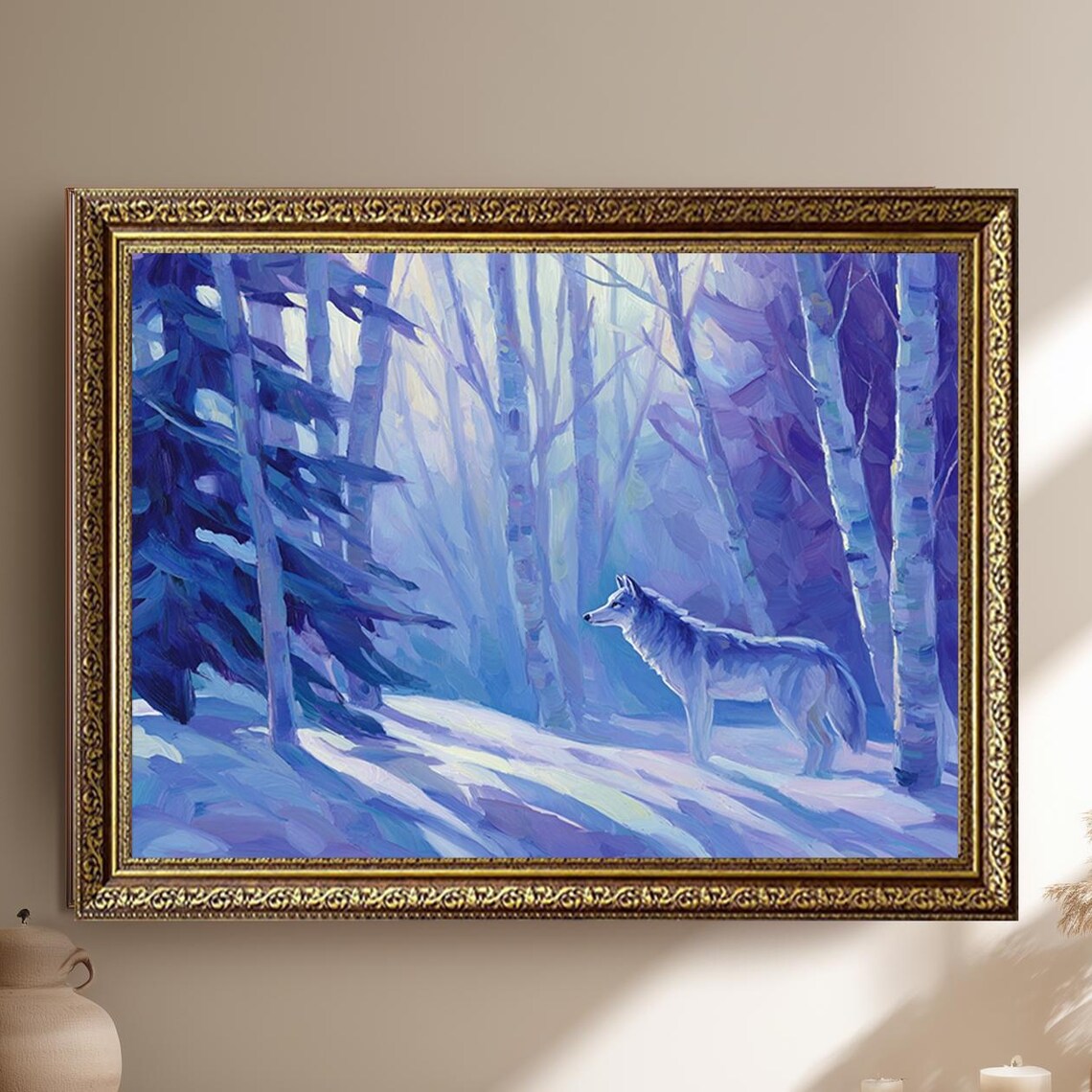 Lone Wolf Snowy Blue Winter Forest Painting Wildlife Wall Art