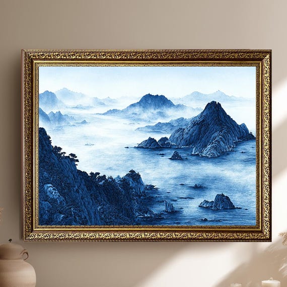 Blue Misty Mountain and Sea Asian Ink Zen Calm Nature Poster