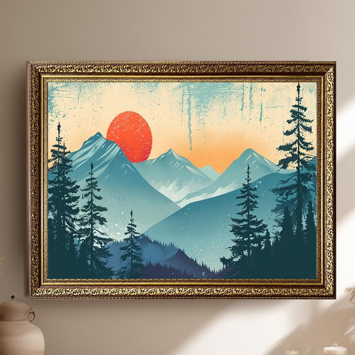 Sunset Over Blue Mountains Pine Forest Retro Landscape Poster