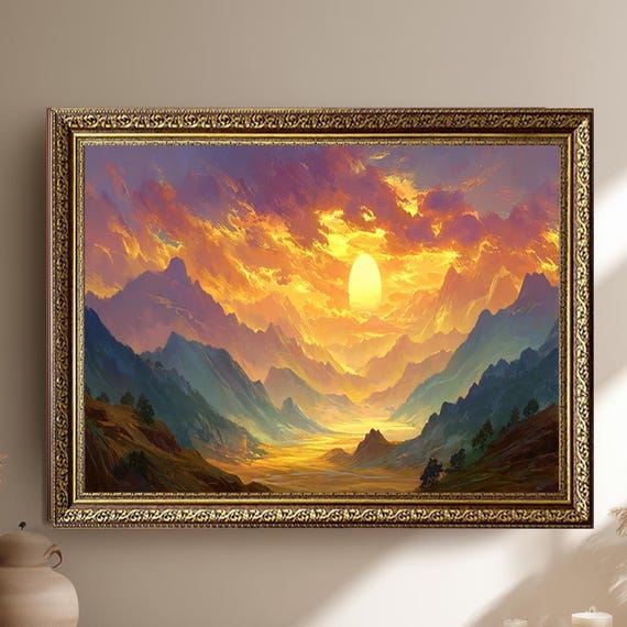 Golden Sunset Mountain Landscape Canvas Wall Art Vibrant Fantasy Nature Scene Painting Print For Home Decor