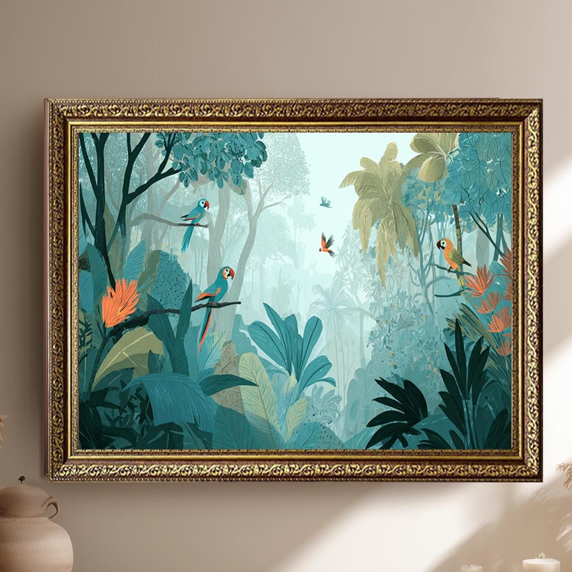 Tropical Parrots Macaws Soft Green Jungle Boho Nature Art Poster