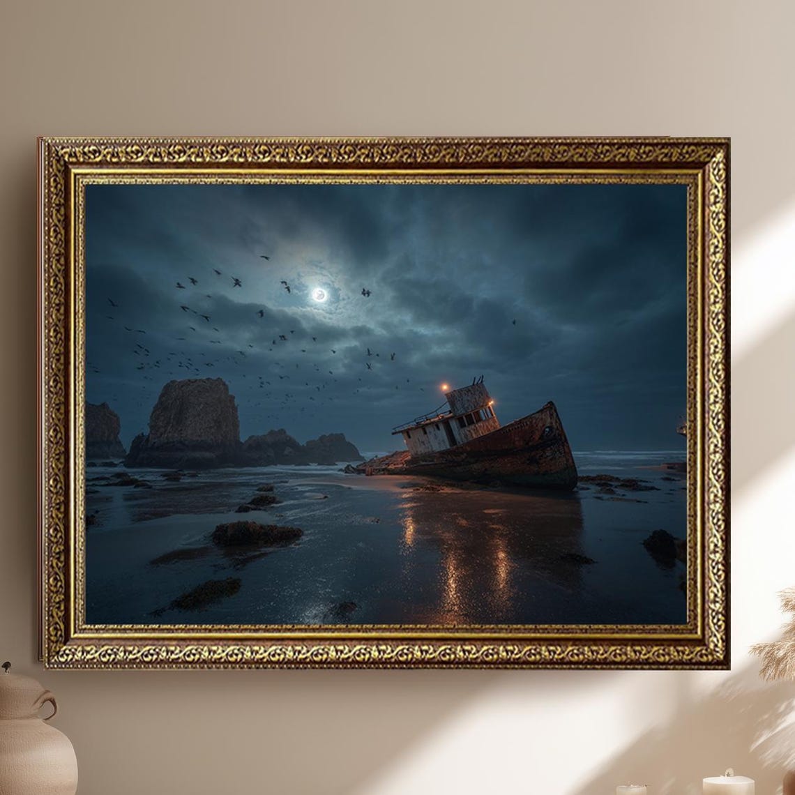 Moonlit Shipwreck on Dark Rocky Shore Night Ocean Canvas Poster