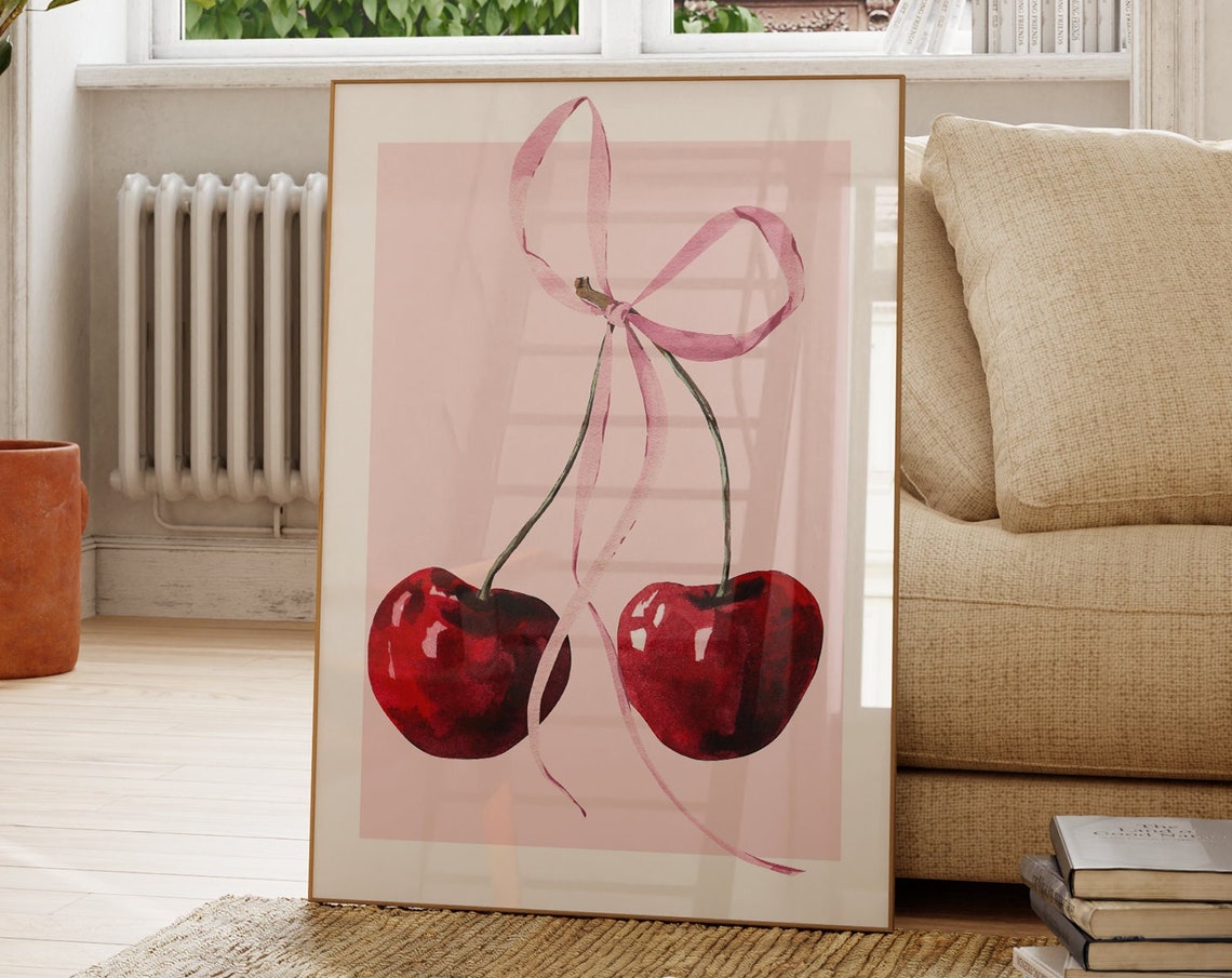 Watercolor Cherries Pink Bow Blush Coquette Girly Kitchen Poster