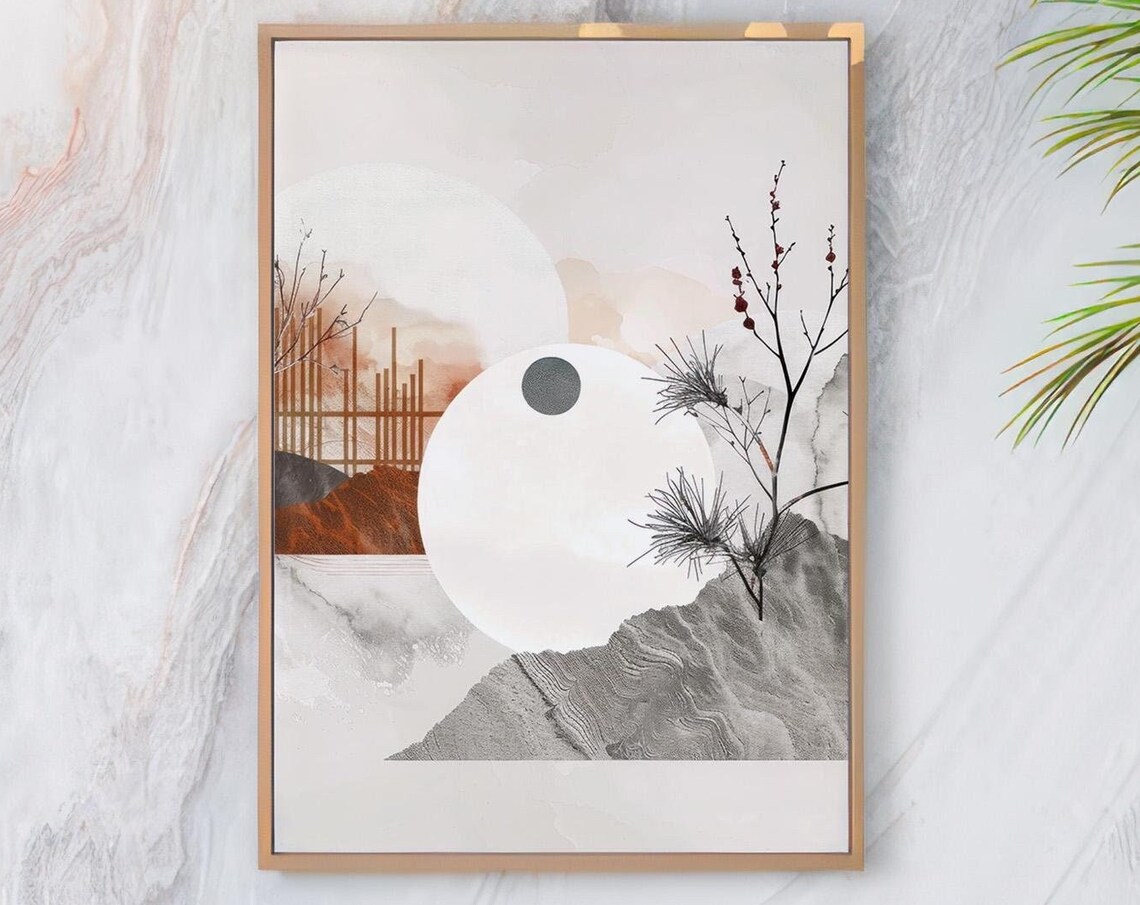 Japanese Moon Mountain Pine Branches Ink Wash Abstract Art Print