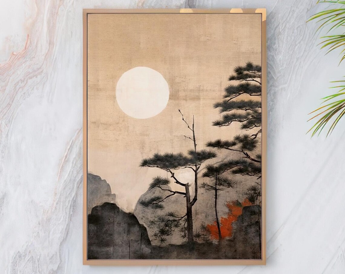 Japanese Moonrise Pine Trees Gold Leaf Vintage Style Japan Poster