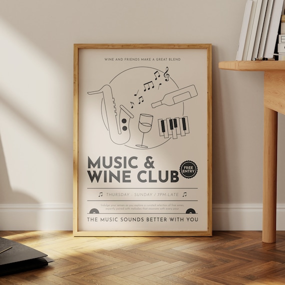 Black and White Music and Wine Club Jazz Evening Line Art Poster