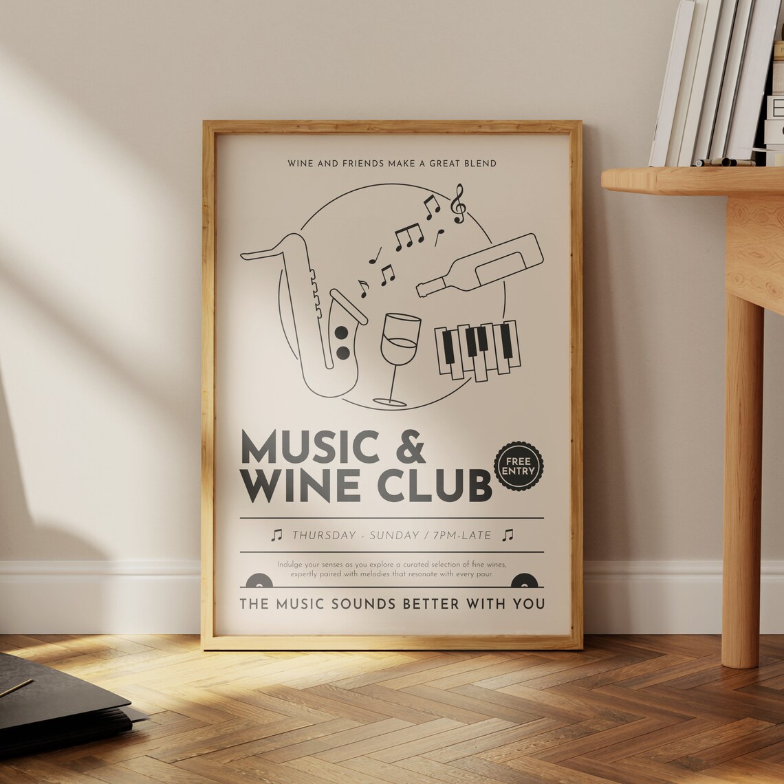 Black and White Music and Wine Club Jazz Evening Line Art Poster