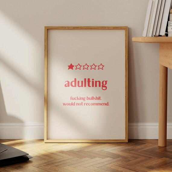 Adulting 1 Star Review Red Funny Rude Wall Art Print Home Decor And Poster For Living Room Art