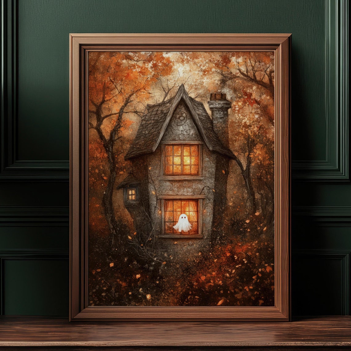 Haunted Stone Cottage Autumn Ghost Window Cozy Halloween Art Poster