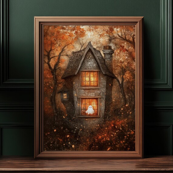 Haunted Stone Cottage Autumn Ghost Window Cozy Halloween Art Poster