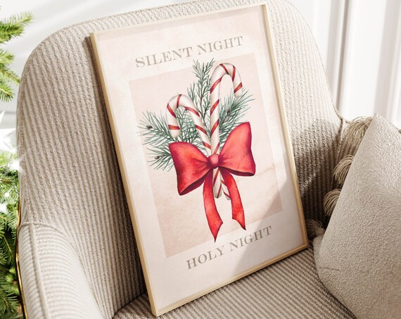 Silent Night Holy Night Watercolor Candy Cane Christmas Art Poster