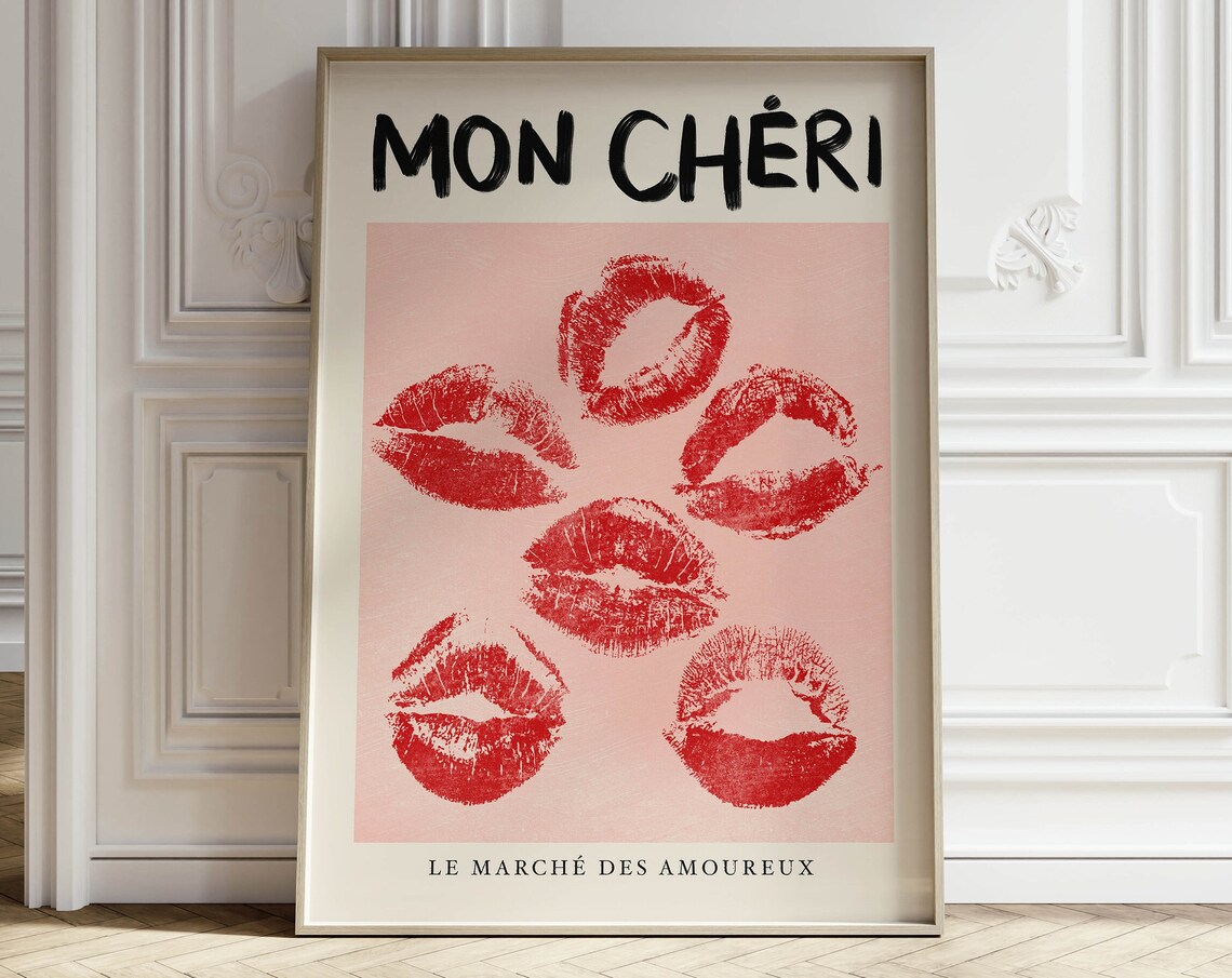 Vintage Mon Cheri Red Lipstick Kiss Marks French Romance Poster