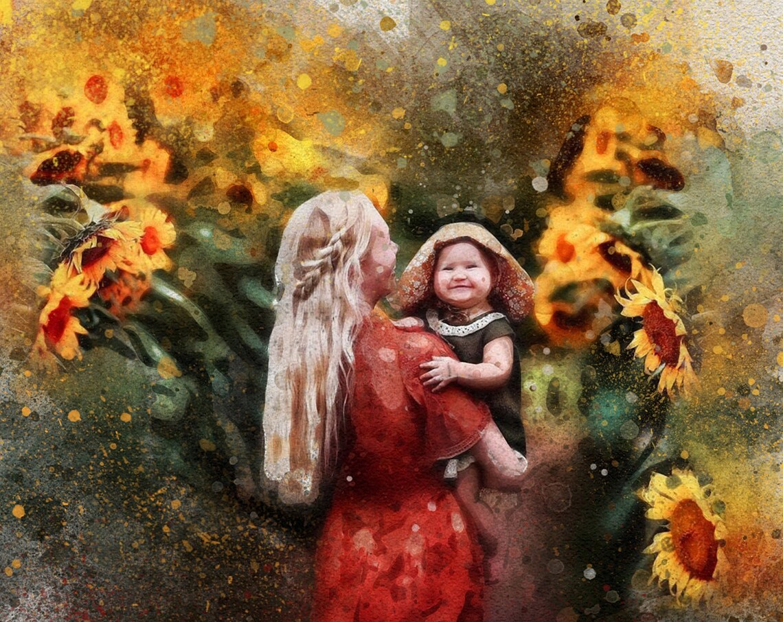 Custom Watercolor Mother And Daughter Sunflower Field Portrait Poster