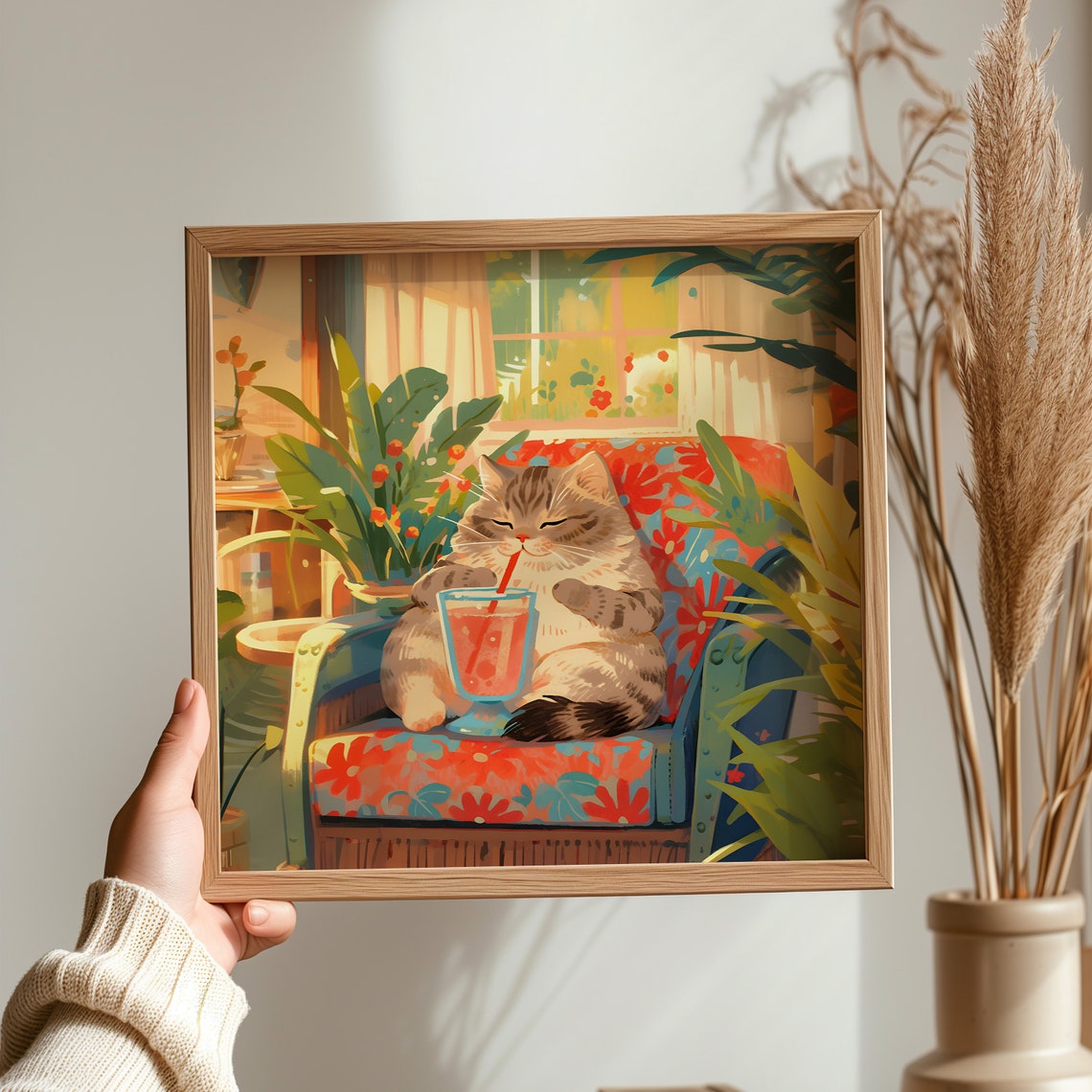 Tabby Cat Drinking Pink Cocktail with Straw in Tropical Chair Poster - Image 3