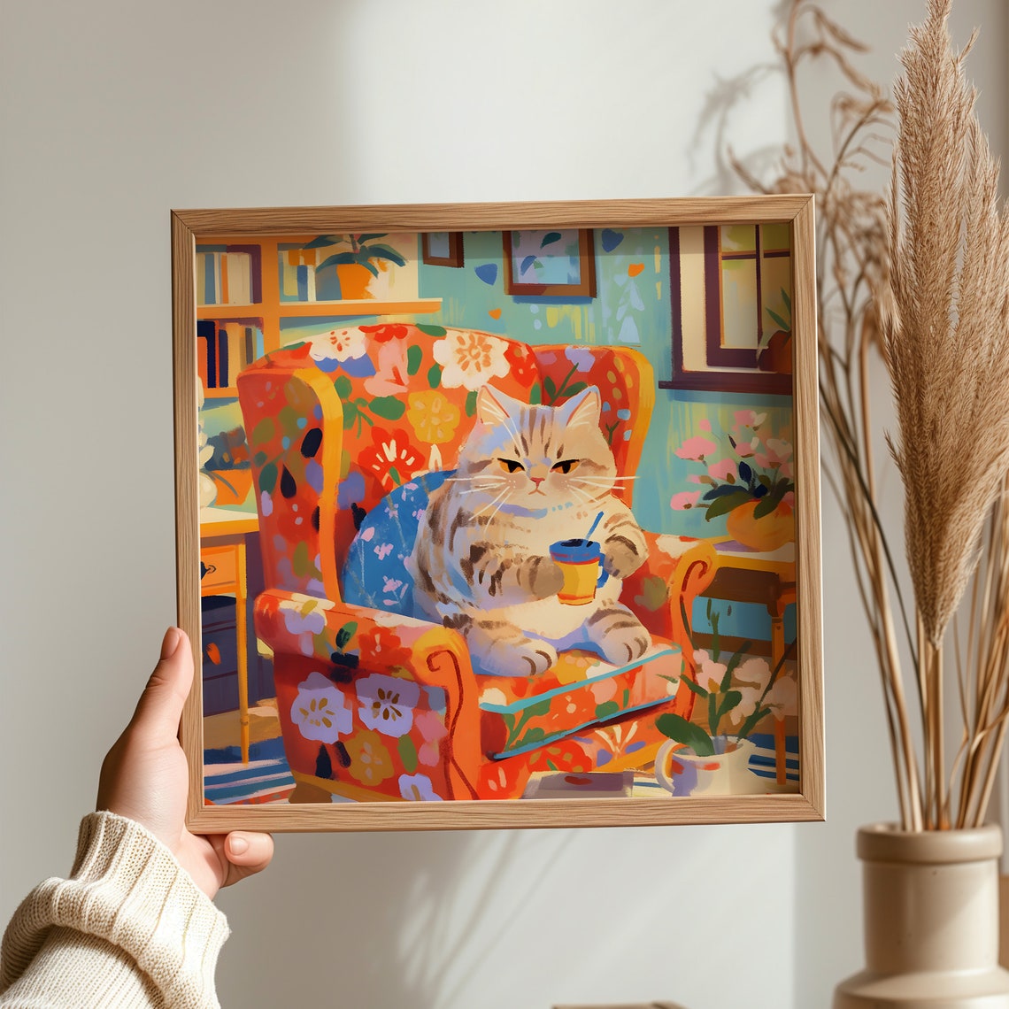 Cream Tabby Cat Sipping from a Striped Mug in a Floral Chair Poster - Image 3