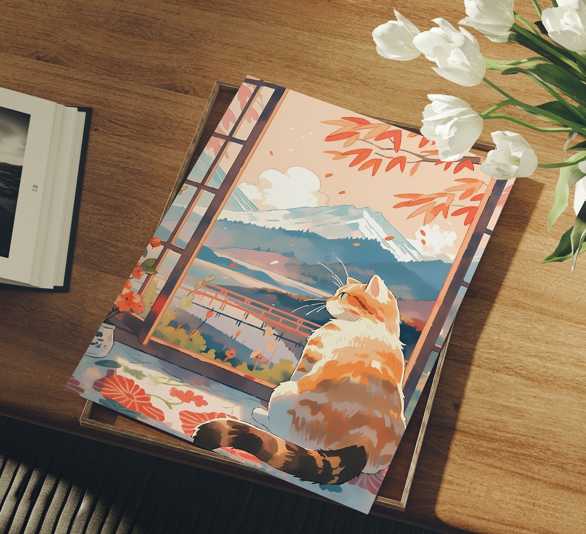 Cute Cat Art Print, Mount Fuji Japan Gift - Image 3